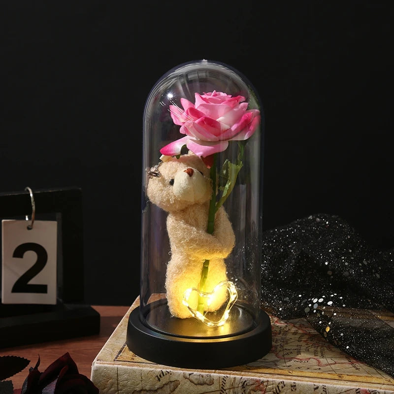 Rose Éternelle sous Cloche avec Ourson & LED – Cadeau Romantique Lumineux