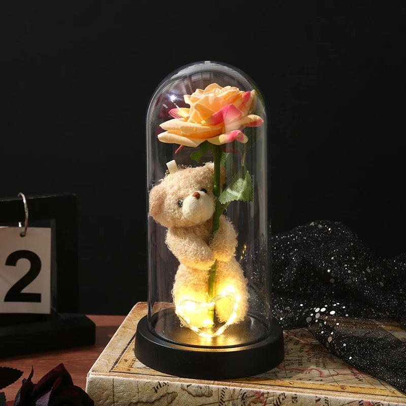 Rose Éternelle sous Cloche avec Ourson & LED – Cadeau Romantique Lumineux